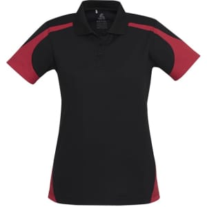 A black short sleeve polo shirt with red accents and a logo on the chest.