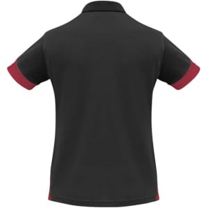 A black women's polo shirt with red accents on the sleeves, featuring a collar and a logo.