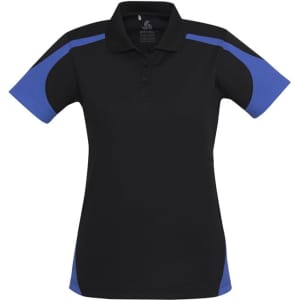 A women's polo shirt featuring short sleeves, black with blue accents, and a branded logo on the front.