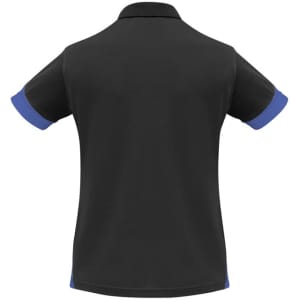 A black women's polo shirt with blue collar and sleeve accents, featuring a logo on the back.