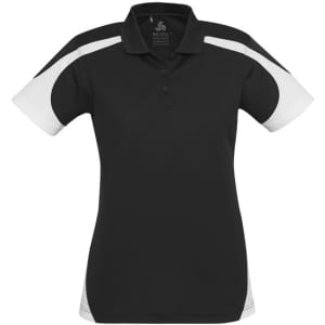 A women's short sleeve polo in black with white accents and a logo on the front.