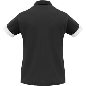 A black women's polo shirt with white accents on the sleeves and a small branding logo.