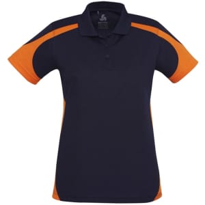 A short sleeve polo shirt in navy blue with orange accents. Features a logo on the chest area.