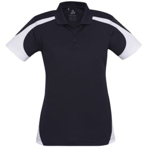 A women's short sleeve polo shirt in navy blue with white accents and a logo.