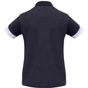 A black short sleeve polo shirt with white trim and a logo on the back.