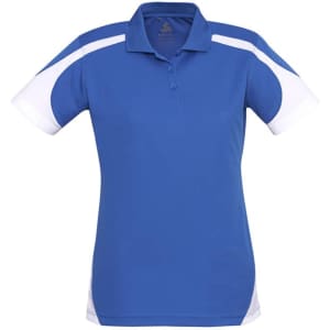A blue women's short sleeve polo shirt with white accents and a logo.