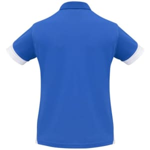 A blue women's short sleeve polo shirt with white collar and sleeve accents, featuring a logo on the front.