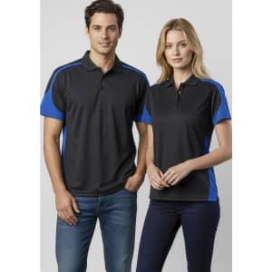 Two models wearing short sleeve polo shirts in black with blue accents. One male and one female model displayed.