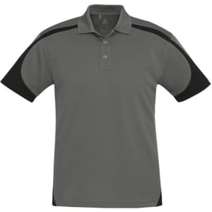 A grey short sleeve polo shirt with black accents and a logo on the chest area.