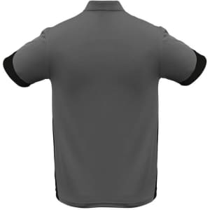 A grey men's polo shirt with black sleeves and a logo on the side. The back view is displayed.