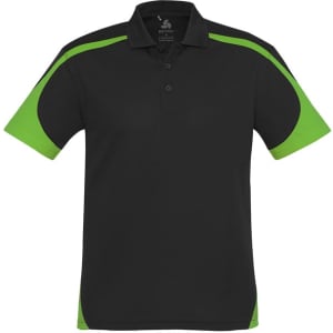 A black polo shirt with green accents on the sleeves and sides, featuring a logo.