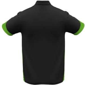 A black polo shirt with green sleeves. The design features a logo on the front.