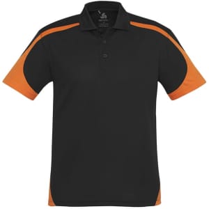 A black and orange men's short sleeve polo shirt, featuring a logo on the chest and contrasting side panels.