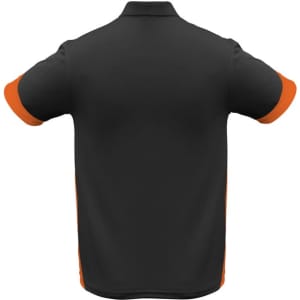 A black men's polo shirt with orange accents on the sleeves, featuring a logo on the back.