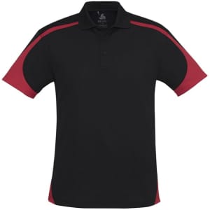A black polo shirt with red accents, featuring a collar and short sleeves. The shirt has a logo on it.