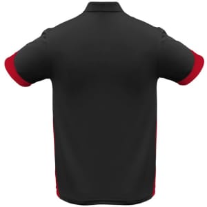 A black polo shirt with red sleeves, featuring a collar and a logo on the back.