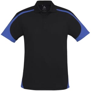 A black polo shirt with blue accents and a logo on the chest. Short sleeves and a classic collar design.