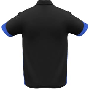 A black short sleeve polo shirt with blue accents and a logo on the front.