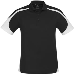A black short sleeve polo shirt featuring white detailing and a logo on the chest.