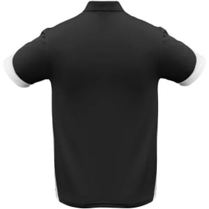 A black men's polo shirt with white accents on the sleeves and collar, featuring a logo.