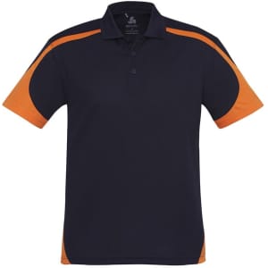 A navy and orange short sleeve polo shirt with a collar and branding on the chest.