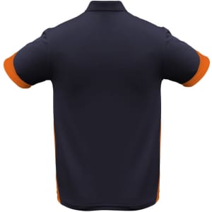A navy blue polo shirt with orange sleeves and a brand logo on the back.