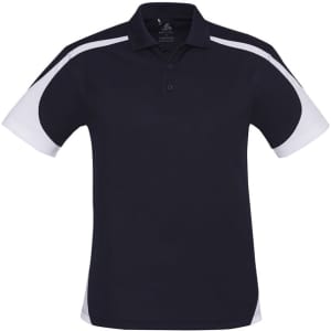 A short sleeve polo shirt featuring a navy body with white accents and a logo.