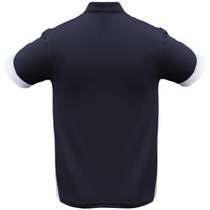 A black men's short sleeve polo shirt featuring white accents and a logo.