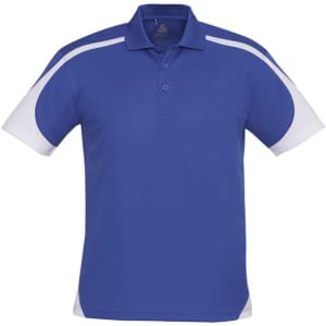 A blue short sleeve polo shirt with white accents and a logo on the chest.