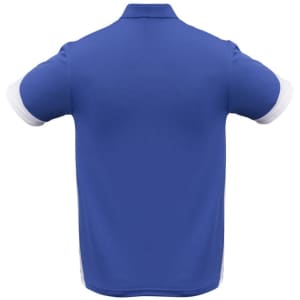 A blue men's polo shirt with white collar and sleeve trims, featuring a logo. The back view is displayed.