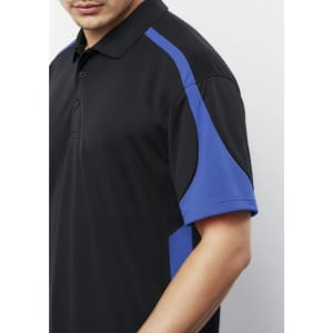A black polo shirt with blue accents, featuring a collar and short sleeves. The shirt has a logo on it.