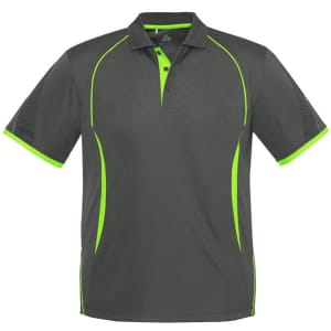 A short sleeve polo shirt in grey with lime green accents and a logo on the chest.