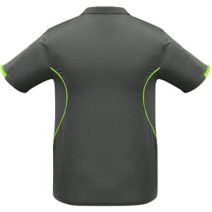 A grey short sleeve polo shirt featuring green detailing and a logo on the back.