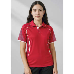 A red short sleeve polo shirt featuring contrasting sleeves and a logo. Suitable for kids.