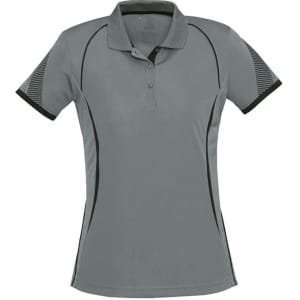 A women's short sleeve polo shirt in grey with black detailing and a logo on the chest.