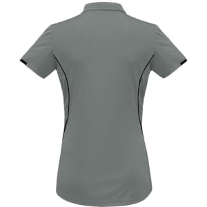 A women's short sleeve polo shirt in grey with black accents, featuring a collar and a logo.