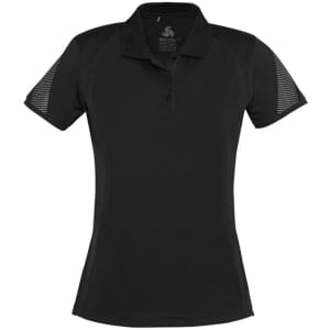 A women's short sleeve polo shirt in black with mesh panel detailing on the shoulders, featuring a logo.