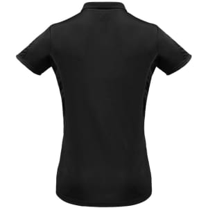 A black short sleeve polo shirt for women featuring a logo. The design is simple with a classic polo silhouette.