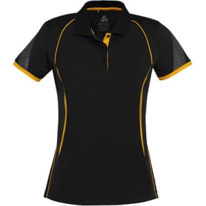 A women's short sleeve polo in black with yellow accents and a logo on the chest. Suitable for casual wear.