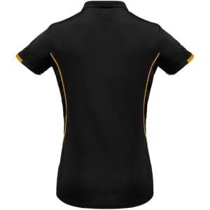 A women's short sleeve polo shirt in black with yellow accents and a logo on the upper back.