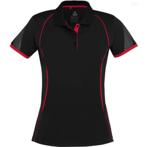 A black women's short sleeve polo shirt with red accents and a logo. Features a classic collar design.