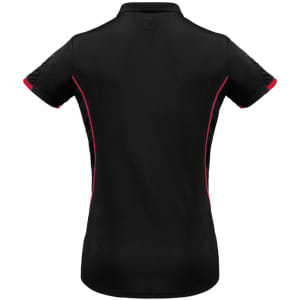 A short sleeve polo shirt in black with pink accents and a logo on the side.