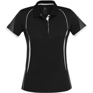 A black women's short sleeve polo shirt with white accents and mesh detailing, featuring a logo.