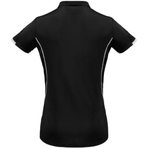 A women's short sleeve polo shirt in black with contrasting detailing and a logo.