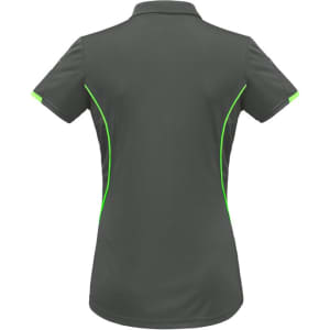 A women's short sleeve polo shirt in grey with green accents and a logo on the back.