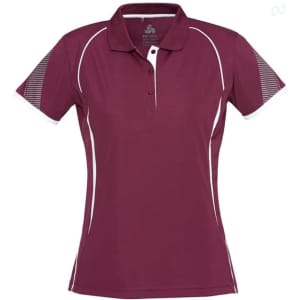 A maroon women's short sleeve polo shirt featuring white accents and a logo on the collar.