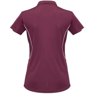 A maroon women's short sleeve polo shirt with white detailing and a logo on the side.