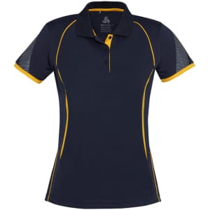 A women's short sleeve polo shirt in navy blue with yellow accents and a logo on the front.