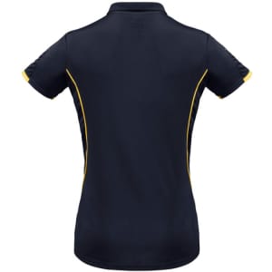 A women's short sleeve polo shirt in navy blue with yellow accents and a logo on the back.