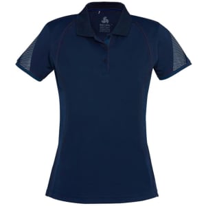 A women's short sleeve polo shirt in navy, featuring mesh detailing on the shoulders and a logo.
